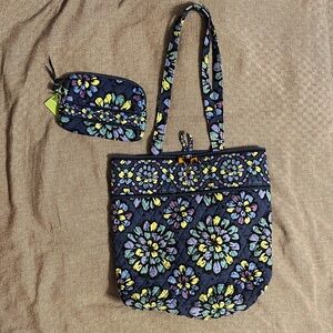 Vera Bradley Indigo Pop Floral Tote with Cosmetic Bag Set
